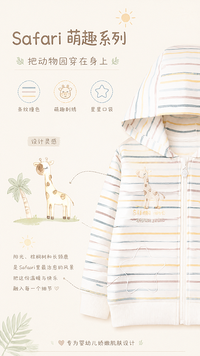 [第2张] 婴幼儿条纹连帽外套设计理念页。本张使用【图1】作为商品主体，保持外套外观与原图一致。
[氛围/风格] 清新绘本风，柔和奶色调，手绘感装饰，母婴温馨氛围。
[元素布局] 右侧放置外套半身特写，占比约40%，展示胸前长颈鹿刺绣细节；左侧为设计灵感区，搭配手绘小长颈鹿、棕榈叶、小太阳简笔画元素；中间用虚线连接设计元素与外套对应部位；背景为米白色带细微纸质纹理。
[光影质感] 均匀柔光，浅淡阴影，整体明亮干净，面料质感柔和。
[配色色系] 全局底色 #FAF5EC（米白奶色）；主色奶咖、浅蓝、姜黄；辅助色浅绿、米白。
[视角构图] 左右分栏构图，左文右图，阅读动线从左上标题 → 左侧灵感元素 → 右侧产品。
[文字版式] 左上标题区。主标题「Safari 萌趣系列」，圆润字体，浅棕褐色；副标题「把动物园穿在身上」；下方三个关键词标签：「条纹撞色」「萌趣刺绣」「星星口袋」，每个标签配小图标；底部小字「专为婴幼儿娇嫩肌肤设计」；文字清晰可读，不遮挡产品。
[比例分辨率] 9:16竖版比例，4K分辨率，文字清晰可辨，高清画质。
[负向提示词] 外套变形，颜色偏差，文字错乱，水印，成人元素，背景杂乱。