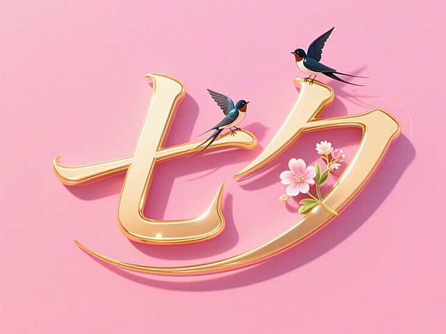 横向金色文字"七夕"。创意字体设计点缀两只喜鹊、花朵元素，线条流畅，高级感，粉色背景，高纯度配色。