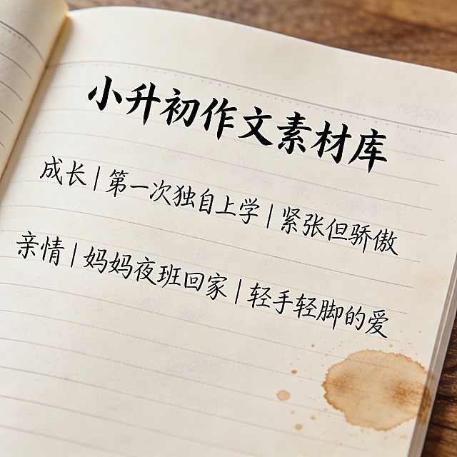 Open notebook page titled "小升初作文素材库". Entries: "成长 | 第一次独自上学 | 紧张但骄傲", "亲情 | 妈妈夜班回家 | 轻手轻脚的爱". Handwritten style, coffee stain corner.