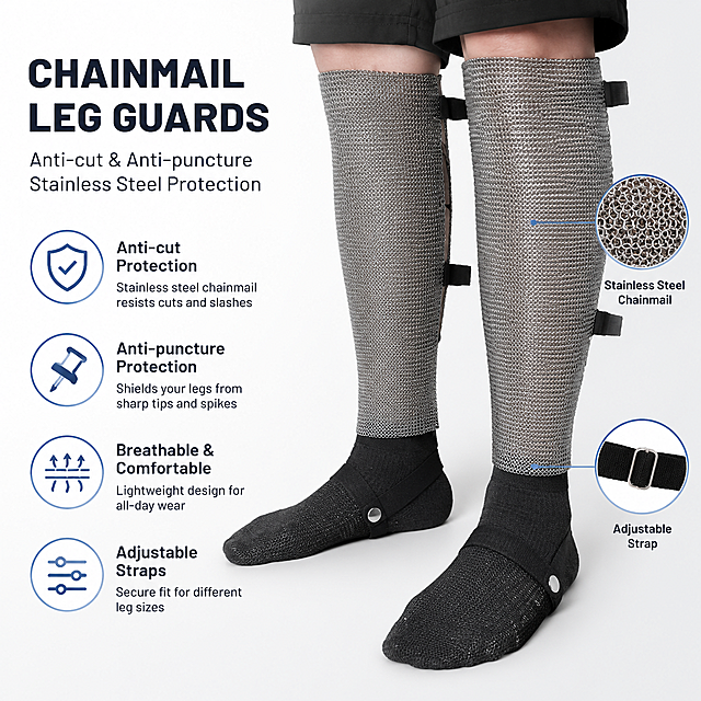 Amazon cross-border e-commerce main image, stainless steel chainmail protective leg guards, anti-cut anti-puncture protection, show product on leg, simple professional background, for English detail page