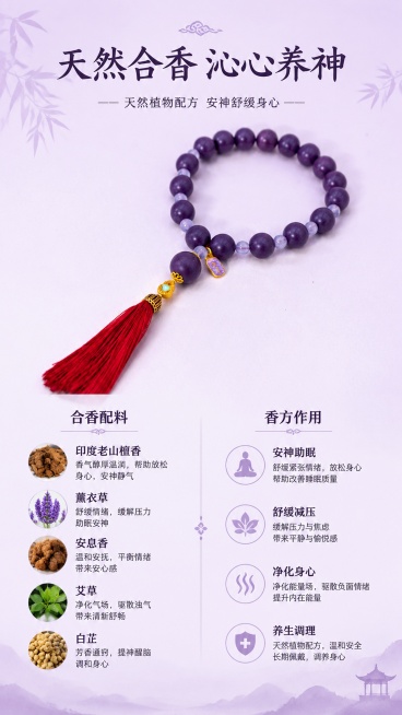 [第7屏] 配料说明，介绍合香配料与香方作用。本屏使用【图6】展示产品整体，搭配文字说明。
[氛围/风格] 国风清新，信息清晰，突出合香天然养生理念。
[元素布局] 产品主体上半部分展示，占比约50%预览效果