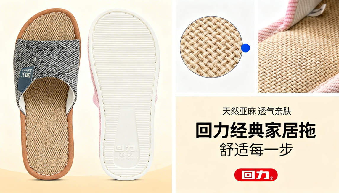 设计一张家居日用类拖鞋宣传banner，突出回力亚麻拖鞋产品特性，设计具有营销吸引力，提升店铺整体风格，尺寸727*416像素，整体风格简约高级，适合电商展示，参考提供的拖鞋产品图设计预览效果