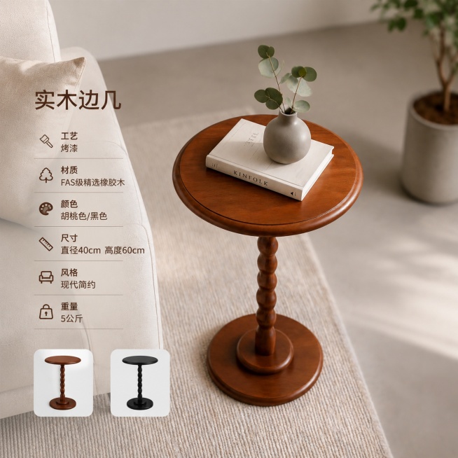 电商sku图，实木边几商品信息图，名称：实木边几，工艺：烤漆，材质：FAS级精选橡胶木，颜色:胡桃色/黑色，尺寸：直径40cm高度60cm，风格：现代简约，重量：5公斤，包含精简的商品信息元素，高质感预览效果