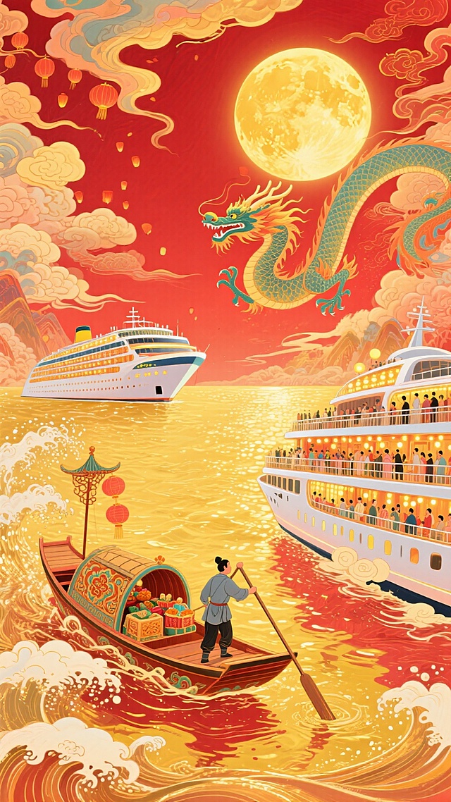 国潮风插画，融合中式元素与现代邮轮，龙腾云海、明月高悬，水彩质感与鎏金线条交织，拟人化船夫划舟，喜庆梦幻，展现传统与现代的碰撞之美。