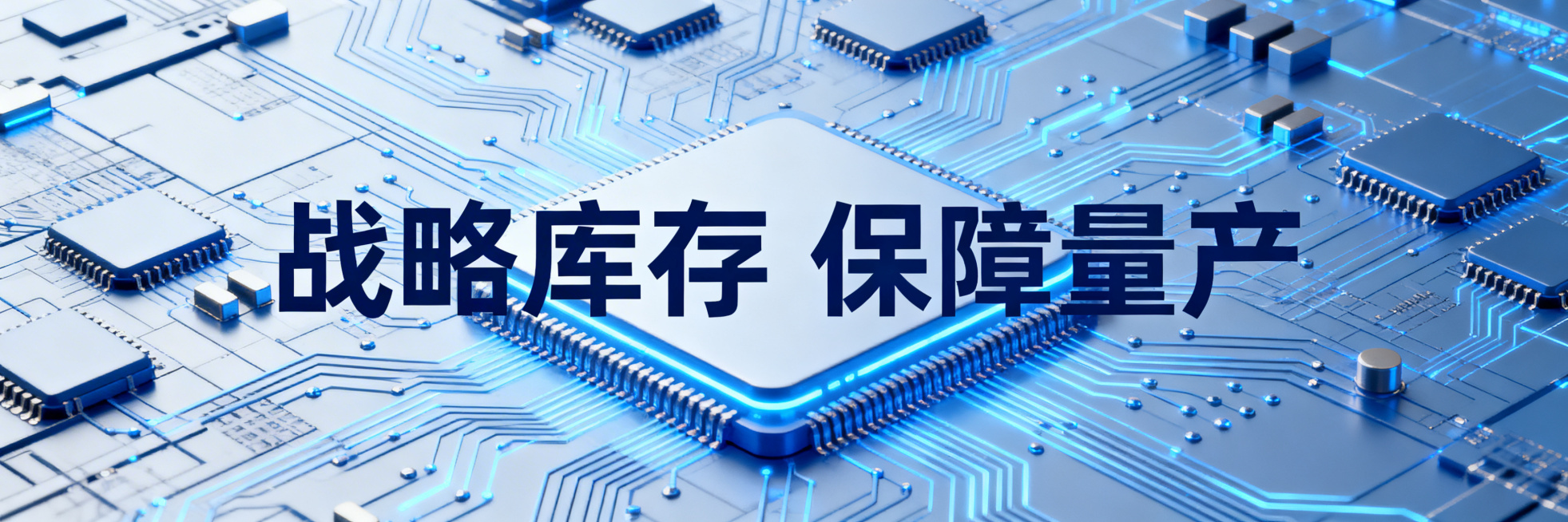 芯片行业百度竞价投放创意配图，科技风，蓝色主题，背景布满芯片电路元素，包含文案"战略库存 保障量产"，文字使用阿里巴巴普惠体，文字样式现代不老套，整体风格统一科技感预览效果