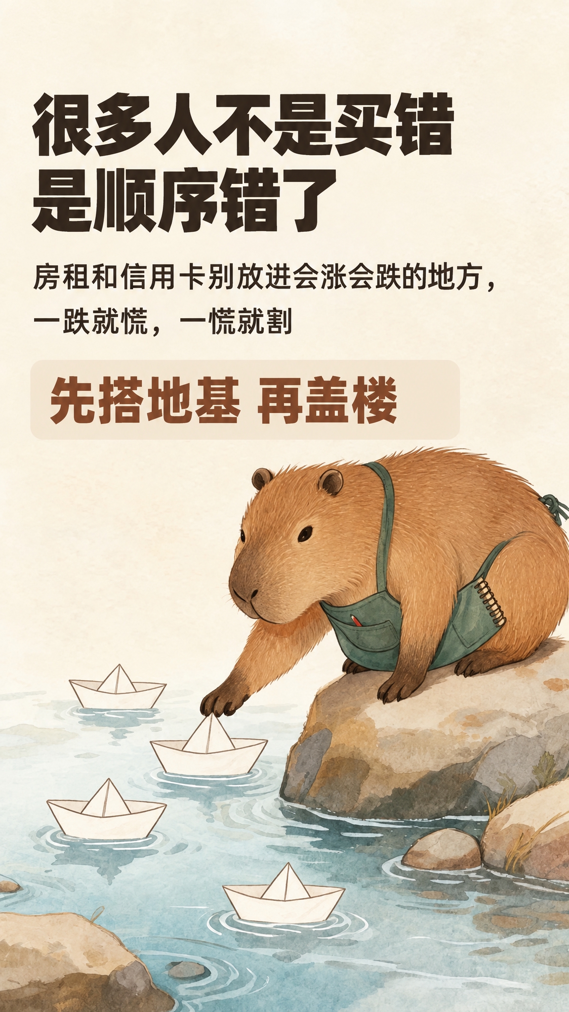 在这张水彩风格水豚玩纸船的插画基础上，添加精确的文字和图形元素… - 图片创意预览