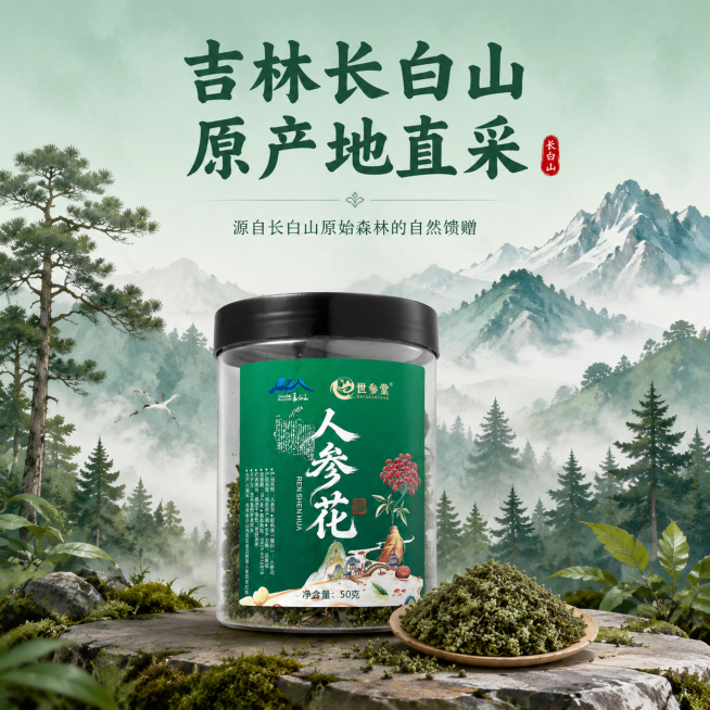 [主图-3] 产地溯源图，远景长白山云雾山林手绘，近景摆放人参花罐子+散装参花，浅青渐变底色，中式水墨国风，原生态林下参环境，自然光氛围感。文案大字：吉林长白山原产地直采。产品罐体保持原外观、材质、颜预览效果