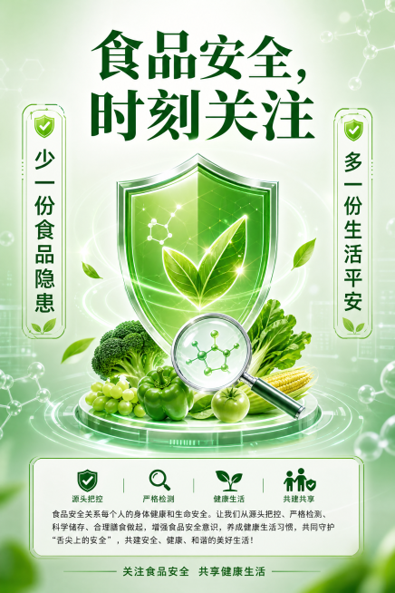 高端简约食品安全宣传海报，鲜亮绿色科技风格，简洁背景，文字排版层次分明，保留所有文案内容：标题"食品安全，时刻关注"，两侧"少一份食品隐患""多一份生活平安"，中间大字和下方介绍，无人物露脸，画面干净预览效果