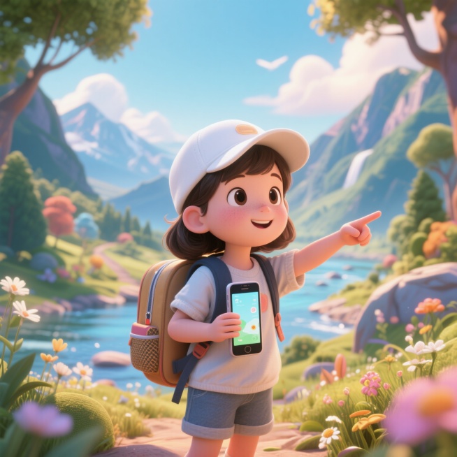 一个小女孩，背着书包，一个手拿着手机，另一个手指着前方，带着白色帽子，穿着休闲衣服，旅行预览效果