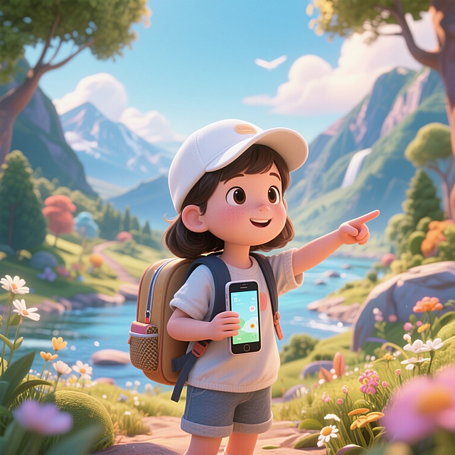 清新卡通插画风，软3D虚拟自然景观，童趣探索之旅。