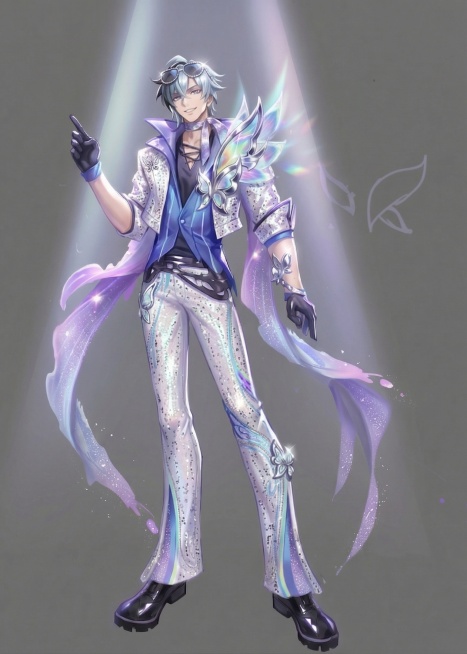 在角色的白色夹克和白色裤子上添加细碎的金属小亮片，呈现微光闪烁效果，其余服饰细节、整体造型风格保持不变预览效果