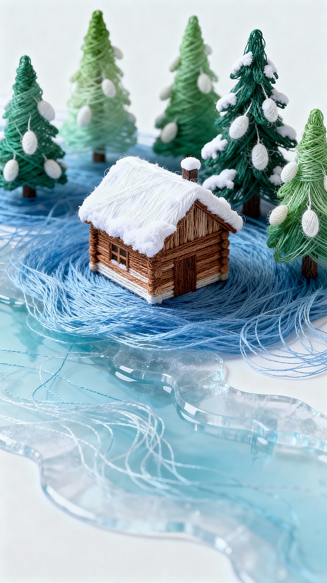 居中斜构图的一抹蓝色上（冬季景色，小木屋，松树林，厚厚的积雪，结冰的河水），极简俯视图