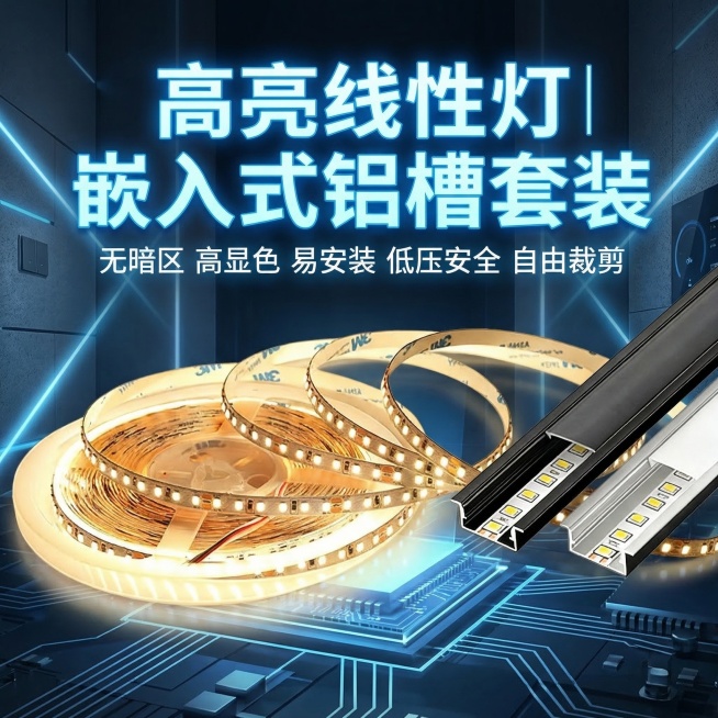 将原图中的灯带和铝槽1:1完整保留，灯带和铝槽占据画面一半以上面积。保持主体物理结构不变，禁止扭曲灯带和铝槽形状，保留灯带发光效果。生成一张适合电商广告的背景，采用现代简约未来科技风，冷调暗背景搭配冰预览效果