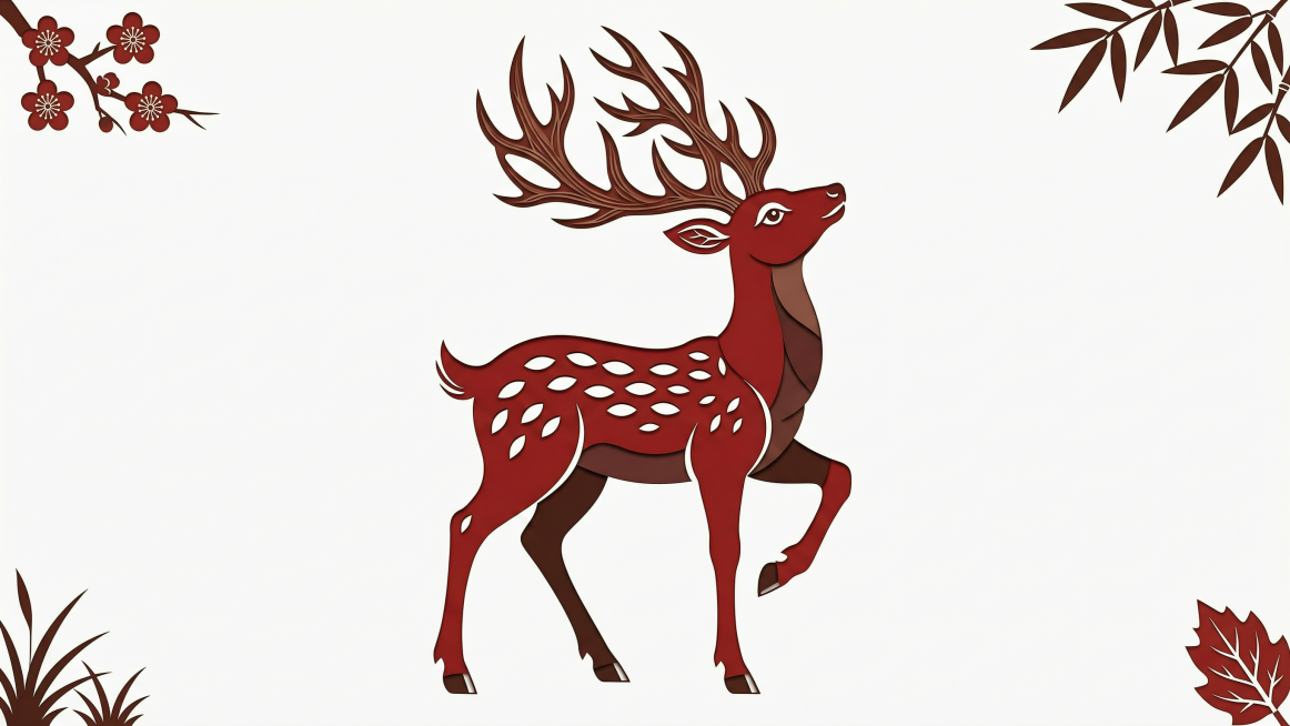 Paper-cut style, vector graphic, a natural standing deer with its right front hoof raised, head tilt预览效果