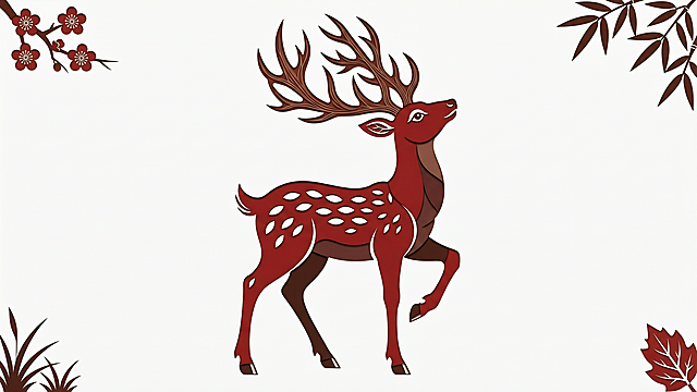 Paper-cut style, vector graphic, a natural standing deer with its right front hoof raised, head tilted upward at about 30 degrees, elegant antlers, smooth contour lines with variable thickness, hollow-cut and layered paper art effect, clean white background, sharp edges, red or dark brown paper texture, flat colors, high-resolution vector illustration