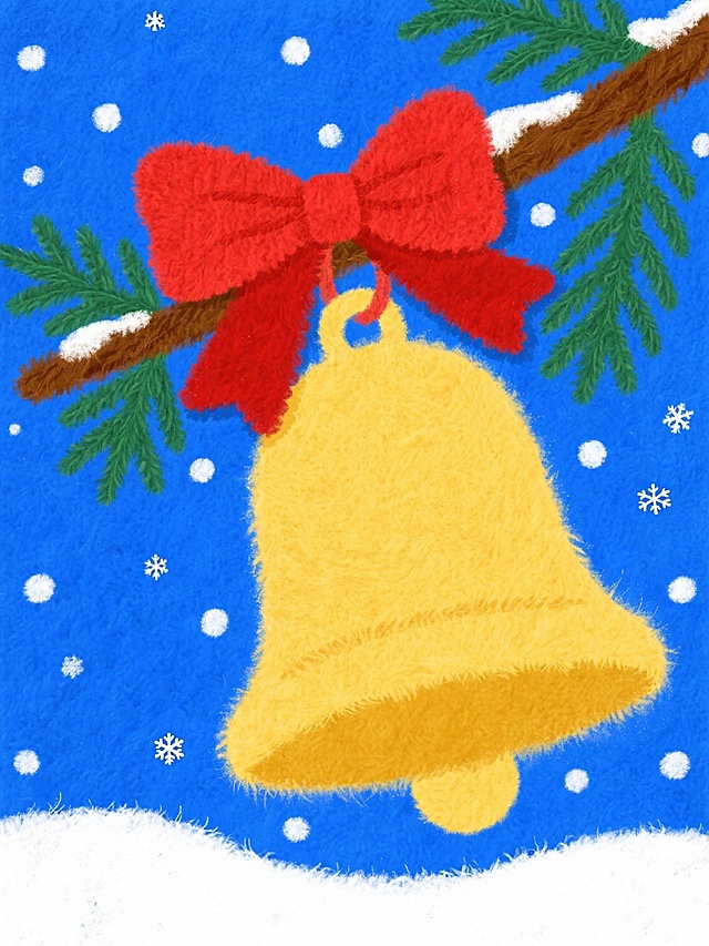 主体是黄色圣诞铃铛，顶部系着红色大蝴蝶结，斜挂在绿棕色松枝上。宝蓝色背景，并散布白色雪花斑点。