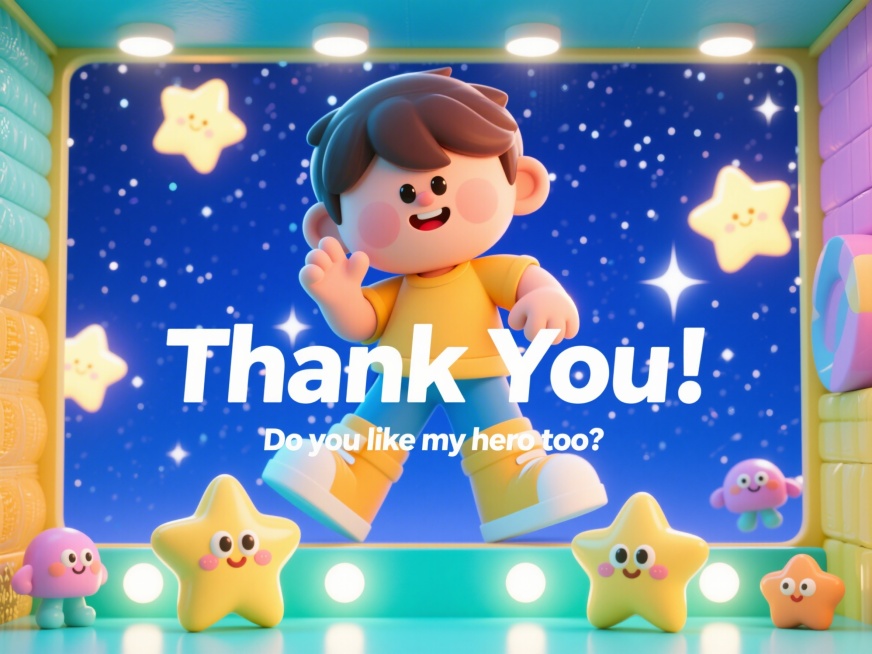 儿童PPT结尾页，大文字写着"Thank You!", 下方小字"Do you like my hero too?", 背景是蓝色星空带闪闪发光的星星，底部有可爱的卡通星星装饰，3D卡通风格，文字清晰预览效果
