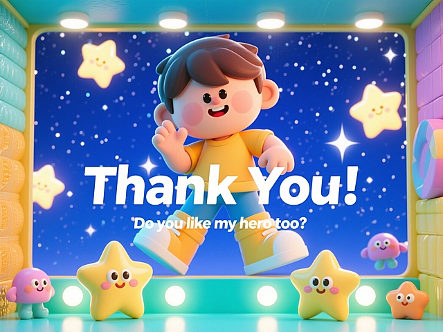 儿童PPT结尾页，大文字写着"Thank You!", 下方小字"Do you like my hero too?", 背景是蓝色星空带闪闪发光的星星，底部有可爱的卡通星星装饰，3D卡通风格，文字清晰排版整齐