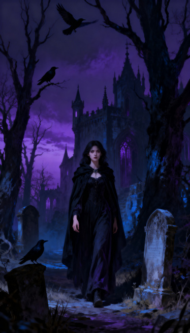 暗黑系哥特风艺术插画，神秘忧郁氛围，冷色调配色，深紫墨蓝与黑色交织，电影感光影，细腻质感，精致细节，枯树林、乌鸦、古堡遗迹，暗系童话风格，氛围感，笔触细腻层次丰富，画质超清8K预览效果