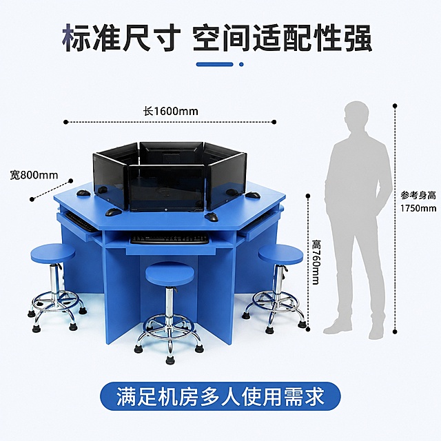 [第7屏] 尺寸展示-产品规格空间适配。本屏使用【图1】作为产品主体展示尺寸比例。
[氛围/风格] 清晰标注，简约直白，专业参数展示风格。
[元素布局] 产品居中放置，用虚线标注出产品长宽高三个尺寸，对照显示：长1600mm * 宽800mm * 高760mm，保留产品六边形轮廓和蓝色外观，旁边配人体参照对比展示空间占用。
[光影质感] 均匀打光，产品清晰，标注线条与产品区分开，明暗分明。
[配色色系] 全局底色 #F5F8FA；主色蓝色产品；辅助色黑色标注线、深灰文字。
[视角构图] 正面斜侧视角，整体展示产品轮廓和尺寸比例，中心构图突出。
[文字版式] 顶部主标题「标准尺寸 空间适配性强」，每个尺寸对应标注文字，底部总结「满足机房多人使用需求」，文字清晰不遮挡产品轮廓。
[比例分辨率] 1:1 方图，4K分辨率，文字清晰可辨，高清画质。
[负向提示词] 尺寸标注错误，产品变形，线条错乱，文字模糊，水印，颜色偏差。