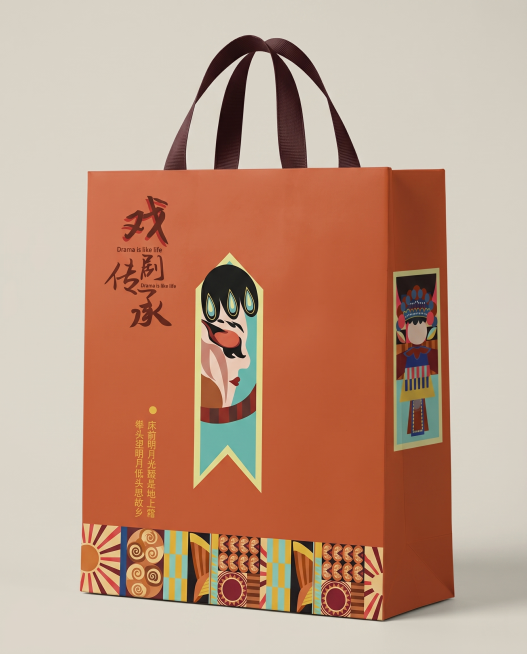 生成一个手提袋，使用原图中的戏曲传承国潮风格，暖橙色为主色调，带有扁平化戏曲人物和传统纹样元素，整体设计简约现代预览效果