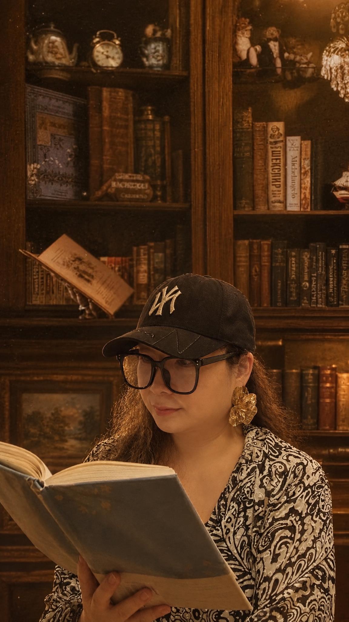 将第二张图中女士在书架前读书的场景背景替换为第一张图的背景（复… - 图片创意预览