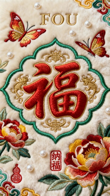 一幅充满生机的中式传统刺绣作品，以米白色柔软绒面为底，运用精湛的双面绣工艺。色彩选用明快的朱砂红、灿烂的金黄色与清亮的翡翠绿为主调，点缀少量珍珠白。画面中央是饱满圆润的"福"字，采用立体盘金绣技法，字预览效果