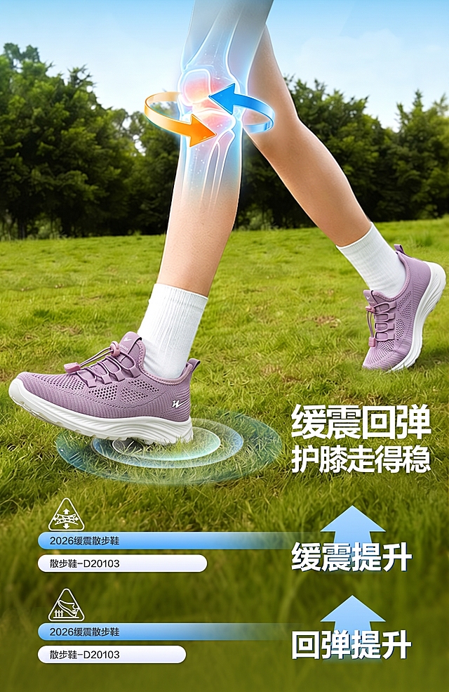 请将参考图1的【紫色网面运动鞋】1:1还原其所有细节，包括鞋面飞织网眼面料纹理、粉色抽绳鞋带及卡扣设计、鞋侧白色品牌logo、鞋舌标识、后跟提拉环、白色厚底鞋底纹路及整体款式，完全替换到参考图2模特双脚的鞋子上，不保留参考图2原鞋子的任何痕迹。完全保持参考图2模特的身姿、腿部动作、脚部位置与朝向、白色袜子不变；完全保持参考图2的背景草地树林、膝盖骨骼特效图示、所有文字与图标、整体构图、景别、画面比例和尺寸不变，不做任何改写。鞋子与脚部、袜子自然贴合，左右脚成对一致，鞋底与地面接触关系自然，透视和光影与参考图2整体环境统一。