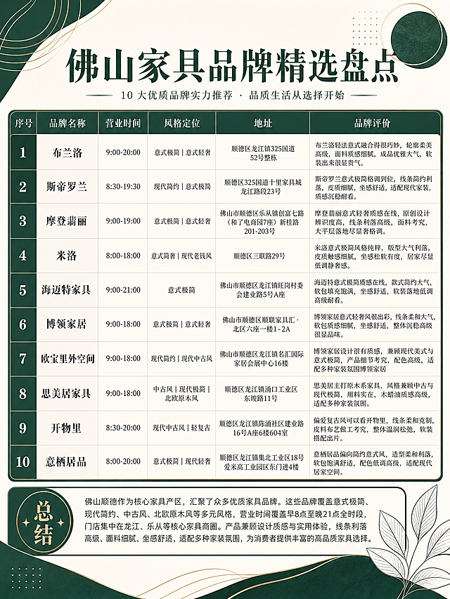 一张小红书风格的排名贴海报，标题为「佛山家具品牌精选盘点」，墨绿色+米白色调，现代简约轻奢风格。顶部大标题，下方是一个10行的表格，表格有6列：序号、品牌名称、营业时间、风格定位、地址、品牌评价。表格内容如下：

1. 布兰洛 | 9:00-20:00 | 意式极简|意式轻奢 | 顺德区龙江镇325国道52号整栋 | 布兰洛轻法意式融合得很巧妙，轮廓柔美高级，面料质感细腻，成品优雅大气，软装出来很显贵气。
2. 斯帝罗兰 | 8:30-19:30 | 现代简约|意式极简 | 顺德区325国道十里家具城龙江路段23号 | 斯帝罗兰意式极简格调到位，线条简约利落，皮质细腻，坐感舒适，适配现代家装，质感沉稳耐看。
3. 摩登翡丽 | 9:00-19:00 | 意式极简|意式轻奢 | 佛山市顺德区乐从镇创富七路（和了电商园7座）新桂路201-203号 | 摩登翡丽意式轻奢质感在线，原创设计辨识度高，线条利落高级，面料考究，大平层落地尽显奢格调。
4. 米洛 | 8:00-18:00 | 意式简奢|现代老钱风 | 顺德区三联路29号 | 米洛意式极简风格纯粹，版型大气利落，皮质触感细腻，坐感松软有度，居家尽显低调静奢感。
5. 海迈特家具 | 9:00-21:00 | 意式极简 | 佛山市顺德区龙江镇旺岗村委会建业路5号A座 | 海迈特意式极简质感在线，款式简约大气，软包填充饱满，坐感舒适，软装落地低调高级耐看。
6. 博领家居 | 9:00-18:00 | 意式极简|意式轻奢 | 佛山市顺德区顺联家具汇·北区六座一楼1-2A | 博领家居意式轻奢风很出彩，线条柔和大气，软包质感细腻，坐感舒适，整体沉稳高级很显品味。
7. 欧宝里外空间 | 9:00-18:00 | 现代简约|现代中古风 | 佛山市顺德区龙江镇名汇国际家居会展中心16楼 | 博领家居设计很有质感，兼顾现代美式与意式极简，产品细节考究，配色高级，适配多种家装氛围博领家居
8. 思美居家具 | 9:00-18:00 | 中古风|现代极简|北欧原木风 | 顺德区龙江镇涌口工业区东竣路11号 | 思美居主打原木系家具，风格兼顾中古与现代极简，用料实在，木蜡油质感高级，适配多种家装氛围。
9. 开物里 | 8:30-20:00 | 现代中古风|轻复古 | 顺德区龙江镇陈涌社区建业路16号A座6楼604室 | 偏爱复古风可以看开物里，线条柔和克制，皮料布艺做工考究，整体温润松弛，软装搭配出片。
10. 意栖居品 | 8:00-20:00 | 意式极简|现代轻奢 | 顺德区龙江镇集北工业区18号爱米高工业园区东门进4楼 | 意栖居品偏向简约意式风，造型柔和利落，软包饱满舒适，配色低调高级，适配现代居家空间。

底部有一段总结文字区域，内容为：佛山顺德作为核心家具产区，汇聚了众多优质家具品牌。这些品牌覆盖意式极简、现代简约、中古风、北欧原木风等多元风格，营业时间覆盖早8点至晚21点全时段，门店集中在龙江、乐从等核心家具商圈。产品兼顾设计质感与实用体验，线条利落高级、面料细腻、坐感舒适，适配多种家装氛围，为消费者提供丰富的高品质家具选择。

整体设计要求：墨绿色为主色调，搭配米白色/奶油色背景，现代简约轻奢风格，顶部有抽象几何线条和圆形装饰，底部有简约植物叶片线条插画点缀，整体风格高级有质感，信息清晰易读，排版整洁美观。不要使用参考图中的暖橙棕色和植物插画图案。