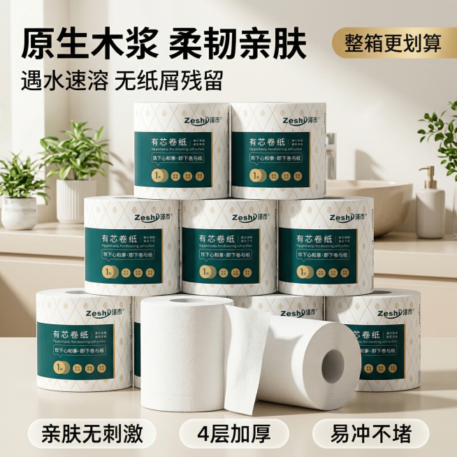 泽市有芯卷纸高性价比首图，明亮清爽家居风，自然光漫射，干净整洁感。多卷卷纸堆叠成金字塔造型居中，最前方摆放2卷单独的卷纸突出质感，其中一卷扯出一小段纸展示柔软质地；背景为明亮整洁的卫生间台面，搭配清新预览效果