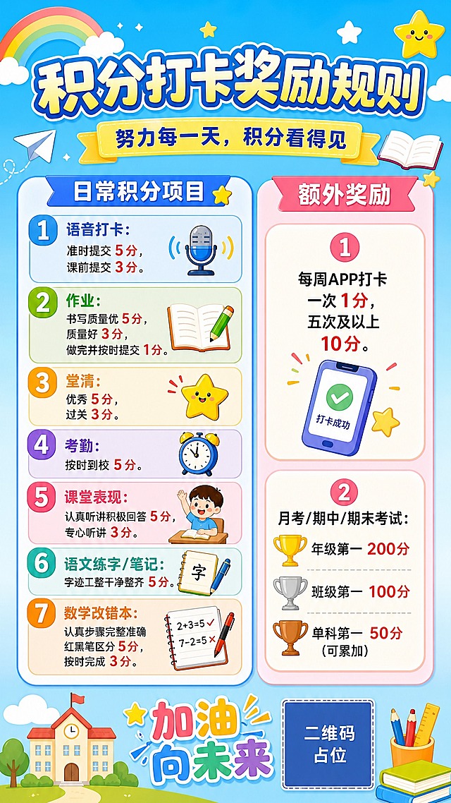 一张竖版校园风格的积分打卡奖励规则海报，9:16比例，清新活泼的扁平插画风格。画面顶部是醒目的大标题"积分打卡奖励规则"，下方副标题"努力每一天，积分看得见"。主体区域分为两大板块，用彩色卡片分区呈现：左侧板块标题"日常积分项目"，包含7个带编号的积分条目卡片：1.语音打卡：准时提交5分，课前提交3分；2.作业：书写质量优5分，质量好3分，做完并按时提交1分；3.堂清：优秀5分，过关3分；4.考勤：按时到校5分；5.课堂表现：认真听讲积极回答5分，专心听讲3分；6.语文练字/笔记：字迹工整干净整齐5分；7.数学改错本：认真步骤完整准确红黑笔区分5分，按时完成3分。右侧板块标题"额外奖励"，包含两个条目：每周APP打卡一次1分，五次及以上10分；月考/期中/期末考试：年级第一200分，班级第一100分，单科第一50分（可累加）。每个积分条目用不同颜色的圆角卡片呈现，配简单的小图标（书本、铅笔、星星、奖杯等）。背景为浅蓝渐变底色，点缀云朵、星星、彩虹等校园童趣元素。底部有装饰语"加油向未来"和一个二维码占位符方块（纯色方块中央标注"二维码占位"文字）。整体版式精美，信息分区清晰，文字清晰可读，色彩明快活泼，适合小学生和家长阅读。画面中所有信息区域、积分卡片必须填充完整合理的内容，不得出现空白框、空白占位、横线待填写区域、空列表项、空单元格。画面中所有数字必须精确渲染，不得错位、遗漏或编造。