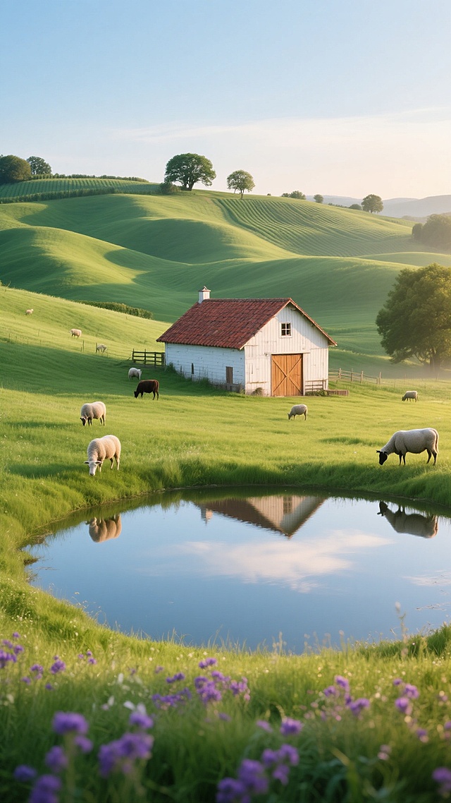 超写实摄影风格的农场场景，清晨或傍晚的柔和侧光洒满起伏的绿色丘陵，阳光在草地上形成明暗交错的波浪状光影，主色调为鲜嫩的草绿色与清澈的蓝绿色，点缀着紫色的野花。画面中央是一个具有农场特色的白色木质谷仓，谷仓屋顶铺着红色瓦片，门是温暖的原木色，周围散落着几只正在悠闲吃草的牛羊，前景有一个椭圆形的小池塘，水面倒映着天空和岸边的青草，远处的山坡上可以看到整齐的农田或几棵孤立的大树，整体氛围宁静、自然、充满生机，光影过渡细腻，细节丰富，具有极高的清晰度和真实的质感表现。