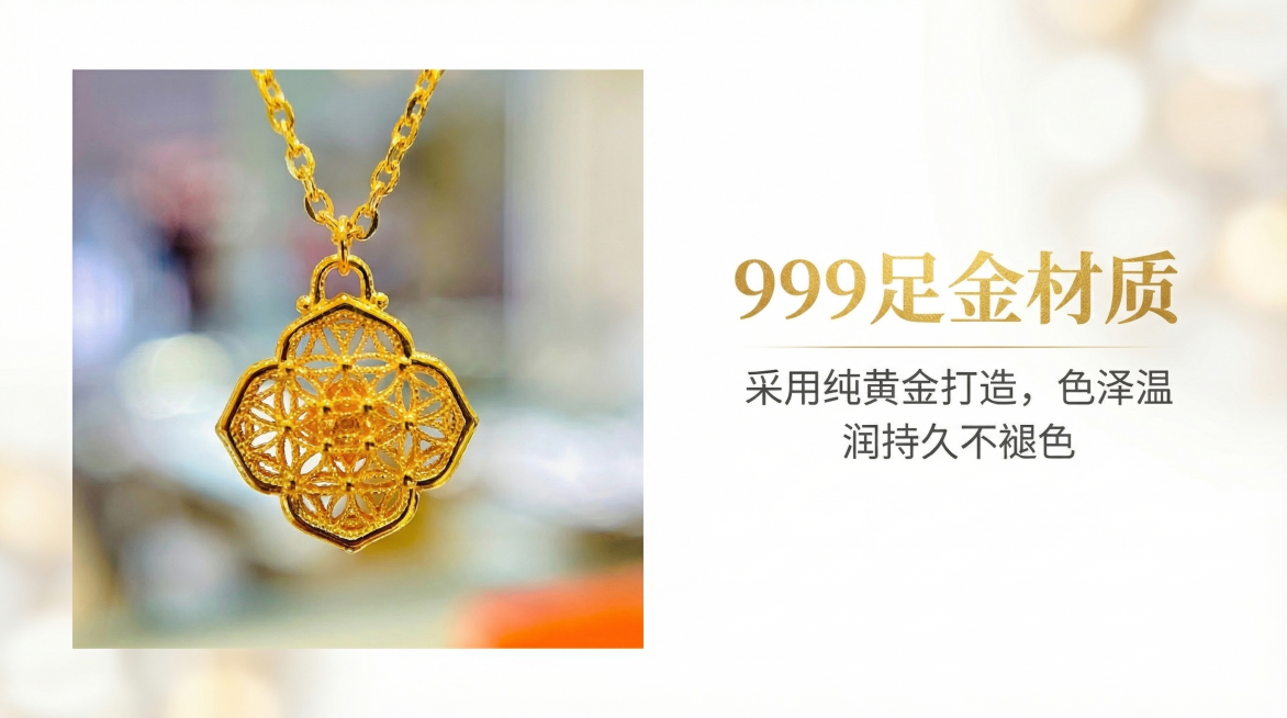 [核心卖点图3] 材质说明图，标题大字文案 "999足金材质"，正文说明采用纯黄金打造，色泽温润持久不褪色，产品大特写展示黄金材质质感，左侧放置产品特写，右侧文字介绍，整体布局简洁高级，珠宝详情页风格预览效果