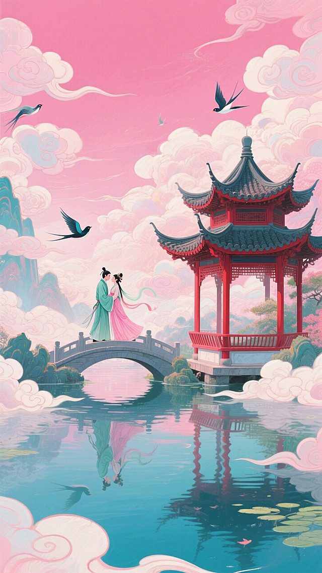 湖面上倒映古典凉亭，鹊桥上一对古装情侣相拥，梦幻粉色天空点缀