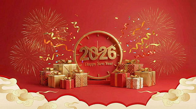 钟表周围放一些新年元素比如礼物盒、彩色飘带等