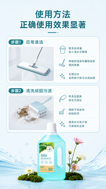 [第8屏] 使用方法说明-正确使用效果显著。
[氛围/风格] 步骤说明风格，浅蓝色调，清晰直观，干净简洁。
[元素布局] 页面顶部大标题，下方分为上下两个步骤展示：第一步日常清洁，第二步清洗顽固污渍。预览效果