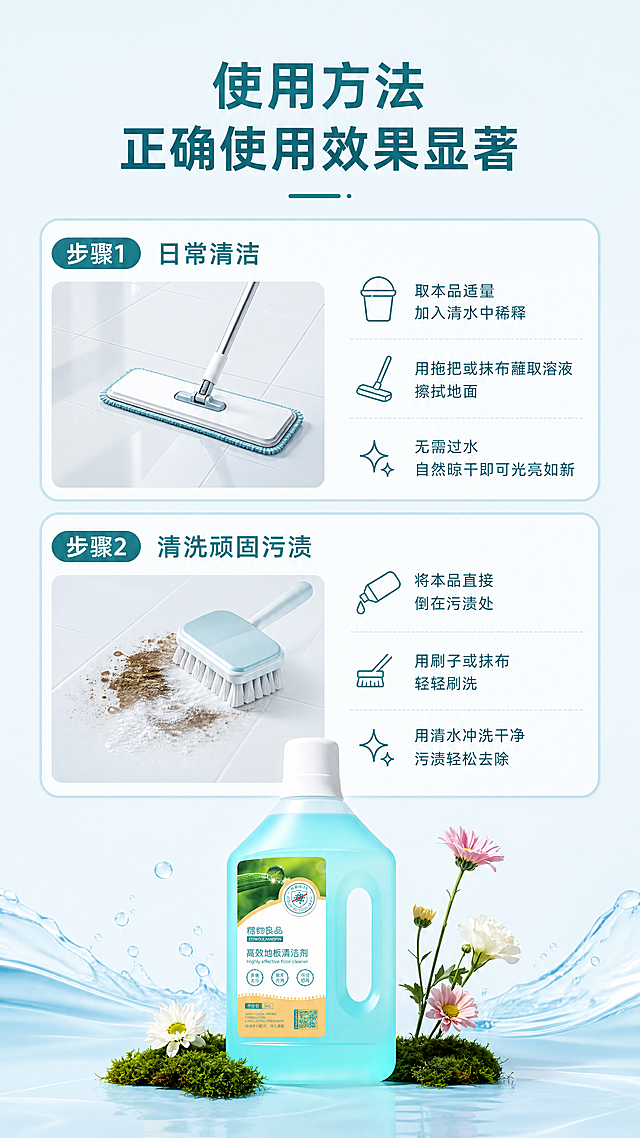 [第8屏] 使用方法说明-正确使用效果显著。
[氛围/风格] 步骤说明风格，浅蓝色调，清晰直观，干净简洁。
[元素布局] 页面顶部大标题，下方分为上下两个步骤展示：第一步日常清洁，第二步清洗顽固污渍。每个步骤包含操作示意图和文字说明。本屏使用【图2】产品放置在底部，保持产品外观颜色结构与原图一致。
[光影质感] 每个步骤示意图光照均匀清晰，产品光照自然，细节可见。
[配色色系] 全局底色：#E6F3F8（浅浅蓝色）；步骤卡片为白色浅蓝边框，产品浅蓝色，文字深青色。
[视角构图] 上下结构，标题在上，两个步骤在中，产品在下，构图清晰，步骤分明。
[文字版式] 顶部主标题"使用方法 正确使用效果显著"，居中深青色加粗；每个步骤左上角标注步骤编号，右侧为操作说明，文字简洁清晰，不遮挡示意图。
[比例分辨率] 9:16竖版比例，4K分辨率，文字清晰可辨，超高清。
[负向提示词] 产品变形，颜色偏差，步骤错乱，文字重叠，水印，背景杂乱。