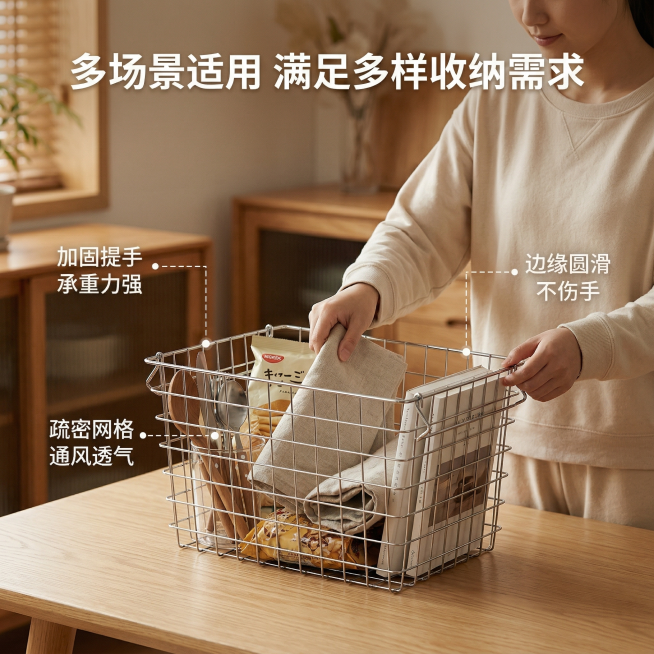 [垫图]https://1.jpg金属铁艺收纳篮功能卖点展示图，[氛围/风格]日系电影感，温馨暖调自然光，家居治愈感，与主图1使用相同的日式原木风房间背景，光源方向和色温统一，[画面元素]收纳篮放置在预览效果
