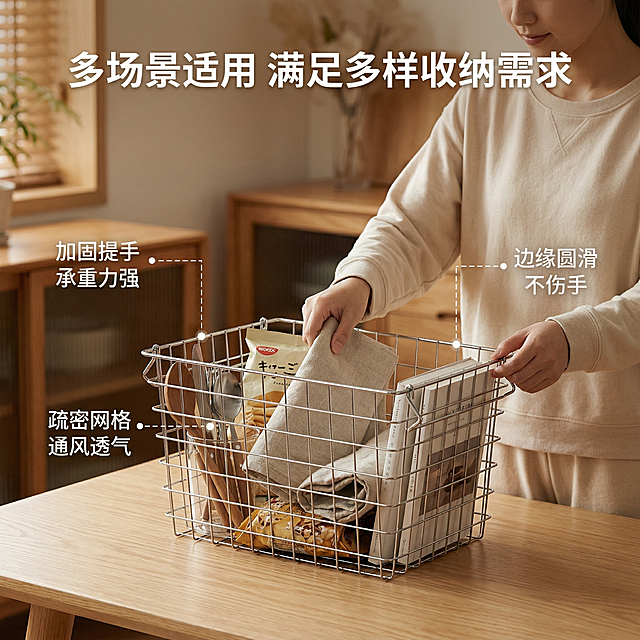 [垫图]https://1.jpg金属铁艺收纳篮功能卖点展示图，[氛围/风格]日系电影感，温馨暖调自然光，家居治愈感，与主图1使用相同的日式原木风房间背景，光源方向和色温统一，[画面元素]收纳篮放置在浅原木色餐桌中央，篮内分别收纳了厨房餐具、零食、衣物、书籍等不同物品，展示其多功能收纳特性；一位亚洲女性（身着浅米色家居服）正伸手将物品放入收纳篮中，动作自然放松，背景全屏无边框，[配色色系]主色调：金属银色（收纳篮）；辅助色：原木色、米白色、暖黄色、浅米色，[视角构图]45°侧视，景深适中，人物与产品融合自然，[文字版式]顶部居中悬浮主标题“多场景适用 满足多样收纳需求”，粗黑体白色；从收纳篮的提手、网格结构、篮身分别引出纤细虚线引线，对应标注“加固提手 承重力强”“疏密网格 通风透气”“边缘圆滑 不伤手”，文字为白色无衬线字体，引线末端带圆点，不遮挡产品核心部位，[比例分辨率]1:1比例，2048*2048像素，2k分辨率。产品外观与原图完全一致，无改动。