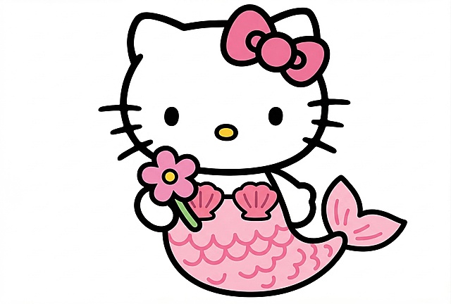参考图中的粉色美人鱼尾巴样式，为Hello Kitty的下半身替换成同款粉色美人鱼尾巴，保持之前Hello Kitty的简笔画风格