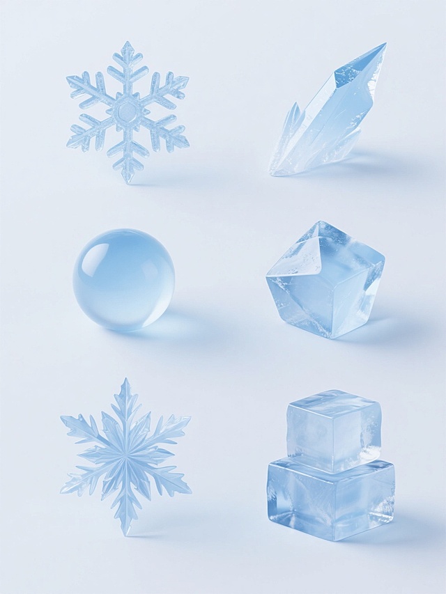 六个具有高度写实3D质感的冰雪元素以规整网格状排布于纯白色纯色背景上，每个元素均保持统一的淡蓝色渐变色调和细腻冰晶纹理，包含棱角分明的六角雪花、半融化状态的冰棱、表面光滑的冰球、不规则多面体冰晶、带有锯齿边缘的冰花以及分层堆叠的冰块，整体光影统一，高光清晰，阴影柔和，呈现出一致的寒冷透明质感与精致细节。