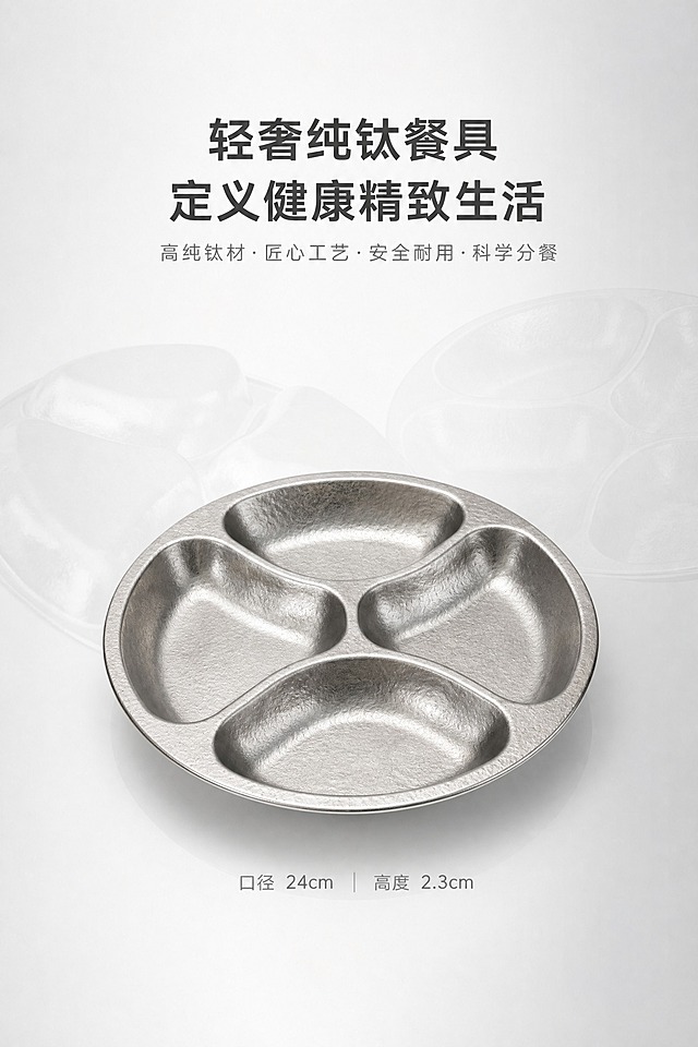 [商品] 使用【图2】纯钛四分格餐盘正面视角为主视觉，【图1】背面视角为浅淡虚影点缀；保留圆形轮廓、四格分区、冰花肌理、哑光金属银灰色质感、所有产品细节；1:1实物比例，精准还原口径24cm、高度2.3cm，无多余杂物、手部元素。
[画面] 收尾屏品牌质感总结页，极简留白高级收尾构图；画面中心立体展示纯钛四分格餐盘全景，主体占画面约50%，周围叠加1-2层浅淡产品虚影点缀，营造层次感；大面积留白设计，柔和光影烘托高级哑光质感；整体画面简洁大气、质感高级，收尾干净利落。
[视觉] 套系策略：风格=简约轻奢哑光质感风，极简留白高级收尾；标题字=无衬线极简加粗字体；正文字=无衬线极简细体；主色=金属银灰色(#B8B8B6)、哑光浅灰(#9C9A97)；背景延展=浅白到极浅灰的细腻哑光渐变背景，大面积留白；强调色=白色(#FFFFFF)，用于虚影高光与文字点缀；标题色=哑光深灰；正文色=中灰；组件=极简虚影层次、大面积留白；光影=柔和中心柔光，轻微提亮产品金属肌理，底部柔和投影，无刺眼反光。
[文字] 画面上部居中对称排版，主标题："轻奢纯钛餐具 定义健康精致生活"，极简加粗大号；副标题："高纯钛材·匠心工艺·安全耐用·科学分餐"，细体中号居主标题下方；文字与产品主体留白充足，收尾干净完整。
[规格] 图片比例2:3竖版，2K分辨率，medium质量；避免竖版比例失调、画面杂乱拥挤、多余装饰水印文字、产品变形尺寸不符、质感粗糙模糊、色彩俗气艳丽、排版混乱、字体臃肿、光影过曝暗沉、画面有瑕疵污渍、卡通复古花哨风格、低画质噪点多。