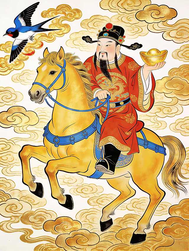 财神爷骑金黄色奔腾骏马，左手托金元宝，右手握缰绳；骏马四蹄腾空，配蓝色马具。左上角有蓝黑白相间燕子与金色祥云，干净的白色背景