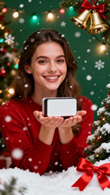 外国人年轻女性拿着商品的宣传图，要有圣诞节氛围感预览效果