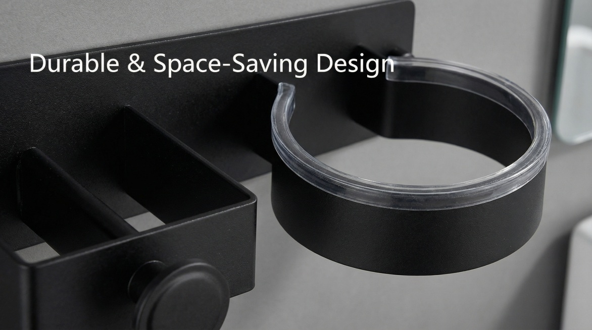 Close-up shot of the black wall-mounted hair tool organizer, showing the circular holder for the hai预览效果