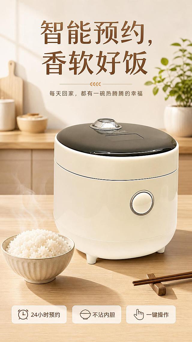 电饭煲电商海报，简约风格，主色调白色和浅木色，温馨家庭氛围。画面中央是一台白色电饭煲（100%还原上传商品图的外形、结构、颜色、材质质感、黑色顶盖、圆形按钮、整体造型与正面朝向，以上传图为唯一商品主体来源），电饭煲旁边摆放一碗香喷喷的白米饭和一双筷子，米饭冒着热气，诱人食欲。背景为明亮整洁的浅木色厨房台面，右上角有绿色小盆栽点缀，柔和的自然光从侧前方照入，整体干净明亮。画面上方大字标题："智能预约，香软好饭"，字体简洁温暖；画面下方小字："24小时预约 | 不沾内胆 | 一键操作"，三条卖点以短标签形式水平排列。版式精美，商品主体占画面约60%，文字不遮挡主体，四周留有舒适边距。整体画面干净、诱人，突出便捷与美味，营造温馨的家庭厨房氛围。画面中所有数字必须精确渲染，不得错位、遗漏或编造。