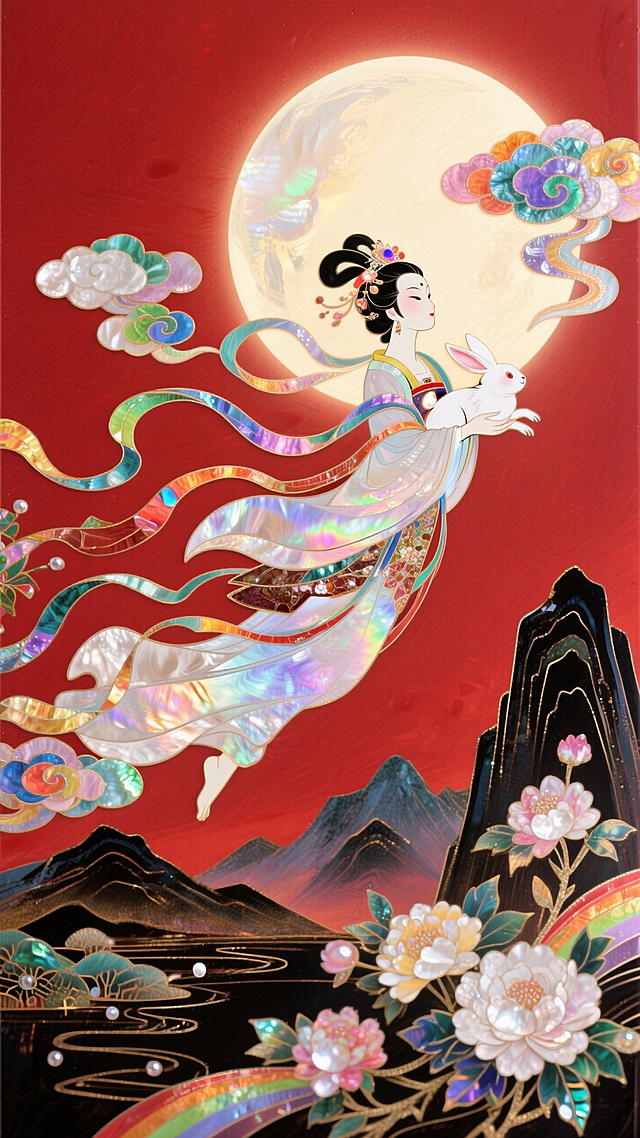 日漫风格，嫦娥怀抱玉兔奔向一轮圆月，衣摆飘逸。周围环绕着祥云和盛开的花朵，背景山脉，红色底色，非常规的动态构图