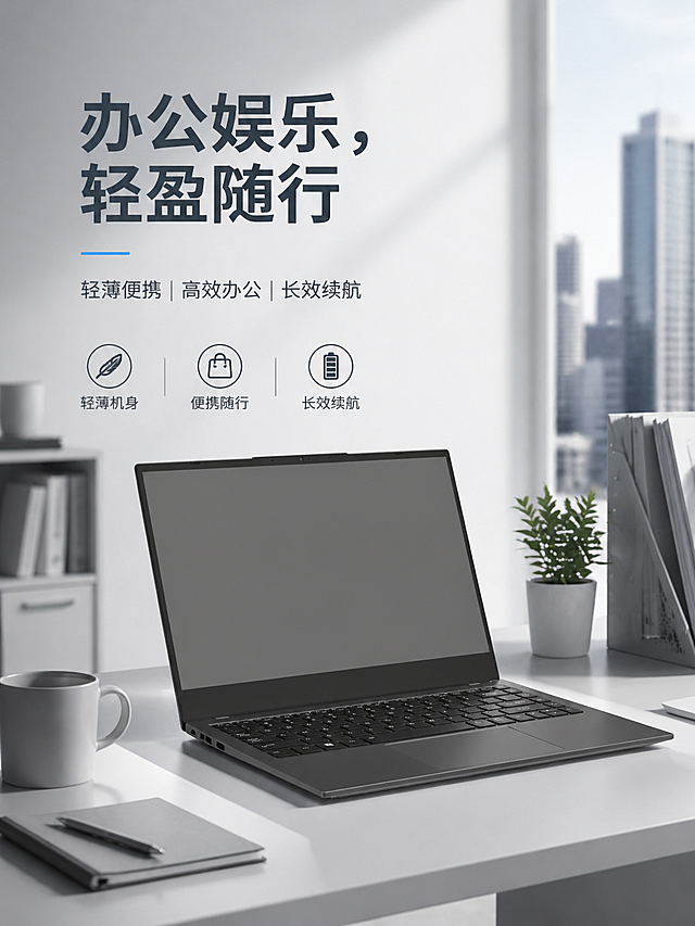 基于这张笔记本电脑产品图，生成一张办公场景使用的电商海报，展示笔记本放在现代简约办公桌面的场景，突出轻薄便携的使用体验，简洁商务氛围感，搭配文字"办公娱乐，轻盈随行"