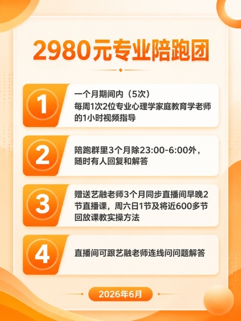 基于原海报重新设计，整体采用橙色高级简约风格，保持原海报所有内容不变，调整设计让画面更高级；修正文字中的重复数字问题，确保编号1、2、3、4仅出现一次，不重复；主标题"2980元专业陪跑团"，正文保持预览效果
