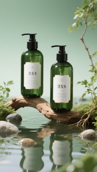 洗发水海报设计，两瓶深绿色透明液体洗发水瓶，搭配黑色按压泵头和白色标签，标签上有黑色文字与金色装饰细节，瓶身优雅放置于浅棕色木质树枝上。树枝下方是清澈湿润的水面，点缀着光滑石头，周围环绕着鲜活的绿色植预览效果